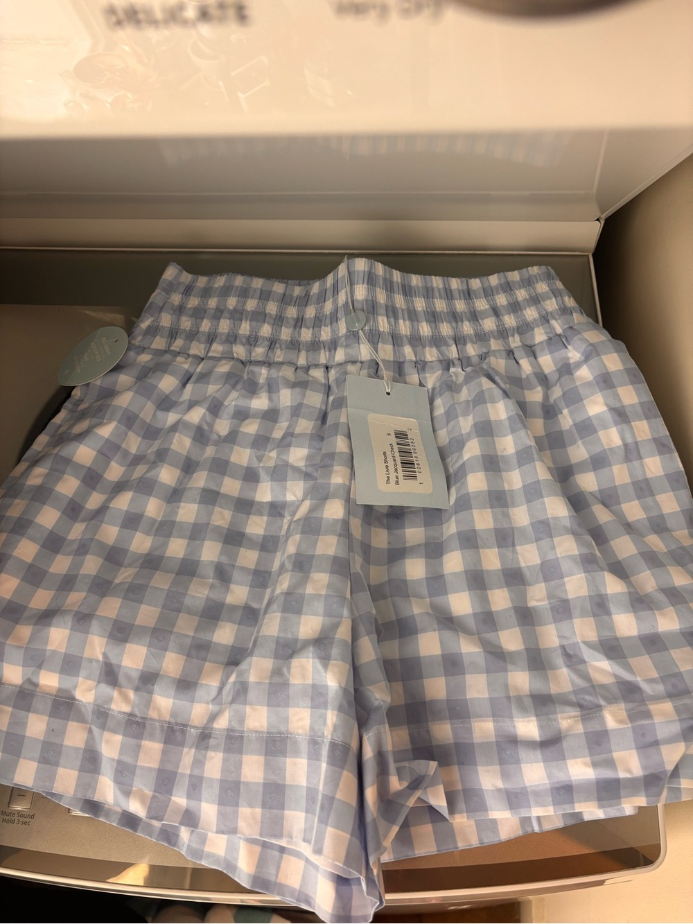 Hill House Light Blue and White Gingham High-Waist Shorts